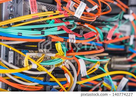 detail of server rack with fiber optic cables attached to front detail of server rack with fiber optic cables attached to front 140774227