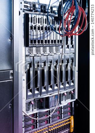 Array of data storage hard drives in internet data center 140774253