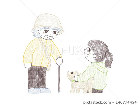 A senior woman on a walk is having a conversation with a girl who is crouching down with her dog. A senior woman on a walk is having a conversation with a girl who is crouching down with her dog. 140774454