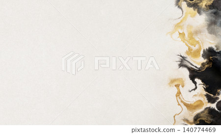 On the right side, an asymmetrical Japanese modern background with delicate ink and gold watercolors blending together. On the right side, an asymmetrical Japanese modern background with delicate ink and gold watercolors blending together. 140774469