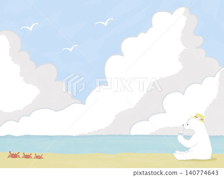 An illustration of a polar bear drinking juice on a beach. 140774643