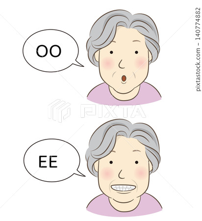 An elderly woman performs the "woo-ee" exercise for pronunciation training; speech therapy. An elderly woman performs the "woo-ee" exercise for pronunciation training; speech therapy. 140774882