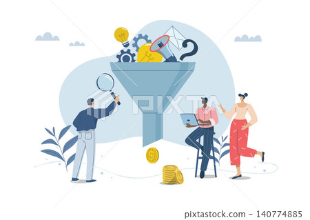Collecting and filtering business ideas for return or profit, Business development ideas and corporate creativity, Business team people uses sales funnel filter of potential customers. Vector design. Collecting and filtering business ideas for return or profit, Business development ideas and corporate creativity, Business team people uses sales funnel filter of potential customers. Vector design. 140774885