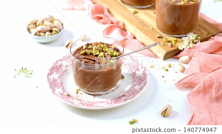 A close-up of chocolate mousse with pistachios and a spoon A close-up of chocolate mousse with pistachios and a spoon 140774947