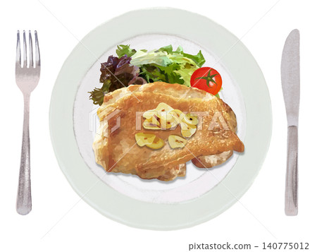 Chicken sauté (with cutlery) and garlic slices Chicken sauté (with cutlery) and garlic slices 140775012