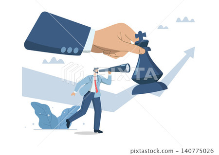 Business planning for leaders, Constant search for opportunities, Business strategy vision, Businessman standing next to chess pieces with binoculars for business vision. Vector design illustration. Business planning for leaders, Constant search for opportunities, Business strategy vision, Businessman standing next to chess pieces with binoculars for business vision. Vector design illustration. 140775026