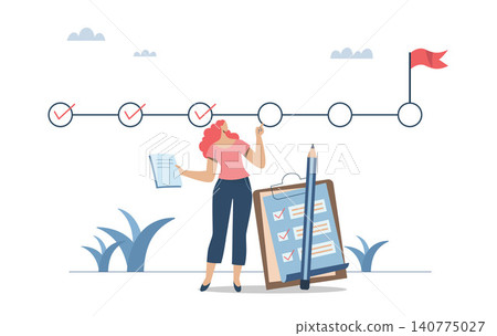 Monitoring and inspecting important project work, Checking the progress of the project, Project management timeline planning, Female project manager with data checking project progress. Monitoring and inspecting important project work, Checking the progress of the project, Project management timeline planning, Female project manager with data checking project progress. 140775027