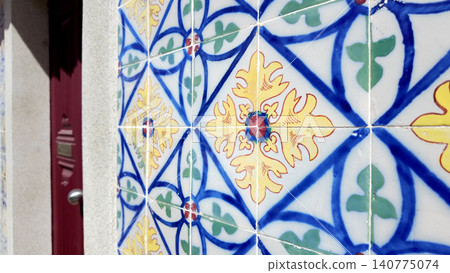 Antique Portuguese Azulejo Tiles with Intricate Blue and Yellow Geometric Design Antique Portuguese Azulejo Tiles with Intricate Blue and Yellow Geometric Design 140775074
