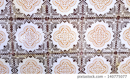 Vintage Portuguese Azulejo Tiles with Brown and Ochre Symmetrical Geometric Pattern Vintage Portuguese Azulejo Tiles with Brown and Ochre Symmetrical Geometric Pattern 140775077