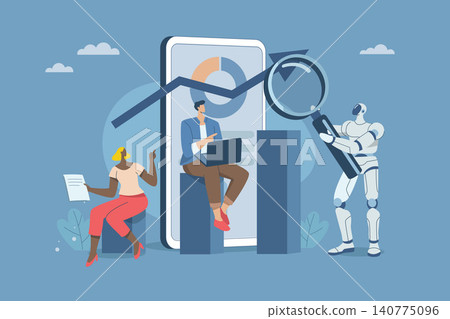 Using artificial intelligence to research finance or analyze the future trends of the market, AI support, Businessmen team and robots jointly analyze trends on graphs and charts with magnifying glass. 140775096