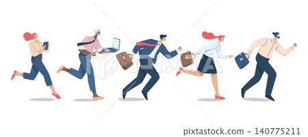 Group of businessmen or company employees running fast, Business competition, Rushing to opportunity or success, Set of character businessman run towards goal. Vector design illustration. Group of businessmen or company employees running fast, Business competition, Rushing to opportunity or success, Set of character businessman run towards goal. Vector design illustration. 140775211