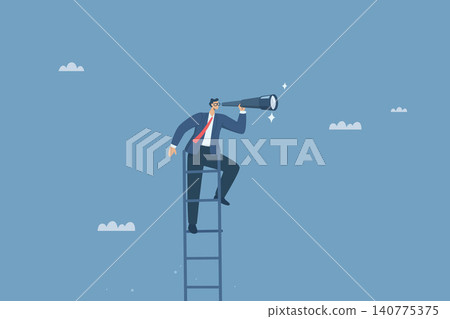 Business leader climbing stairs using binoculars to search for new business goals, Searching for business success opportunities, Ladder of success or ambition, Vector design illustration. 140775375