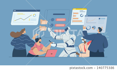 Business data analysis, working with artificial intelligence, AI support, Business team people jointly analyzing data or reviewing business document reports together with robots, Vector design. Business data analysis, working with artificial intelligence, AI support, Business team people jointly analyzing data or reviewing business document reports together with robots, Vector design. 140775386
