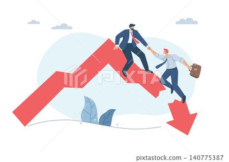 Businessman helping team move up to growth from down graph, Business failure or economic recession, Investment crisis or stock market crash, Teamwork, Vector design illustration. 140775387