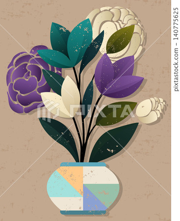 Artistic composition displaying a vibrant floral arrangement placed inside a trendy patterned pottery vessel, featuring aged paper aesthetics and rich organic tones, ideal for contemporary interior wa Artistic composition displaying a vibrant floral arrangement placed inside a trendy patterned pottery vessel, featuring aged paper aesthetics and rich organic tones, ideal for contemporary interior wa 140775625