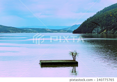 Floating pontoon in Danube river Floating pontoon in Danube river 140775765