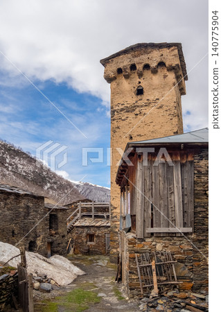 The Ushguli village community in the Upper Svaneti region of Georgia, vertical view. The Ushguli village community in the Upper Svaneti region of Georgia, vertical view. 140775904