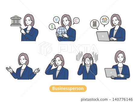 A 7-item set for businesswomen: finance, real estate, and mental health (female office worker, suit, laptop, headache) A 7-item set for businesswomen: finance, real estate, and mental health (female office worker, suit, laptop, headache) 140776146