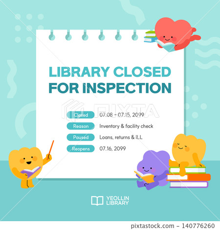 Library temporary closing notice banner template with cute characters reading books Library temporary closing notice banner template with cute characters reading books 140776260