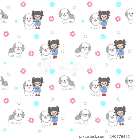 Girl Hugging Old English Sheepdog Seamless Pattern Girl Hugging Old English Sheepdog Seamless Pattern 140776455
