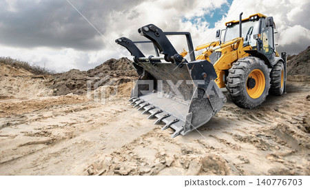 A universal excavator loader moves dirt at a construction site. The loader has a large bucket ready to scoop up materials. Clouds fill the sky above A universal excavator loader moves dirt at a construction site. The loader has a large bucket ready to scoop up materials. Clouds fill the sky above 140776703