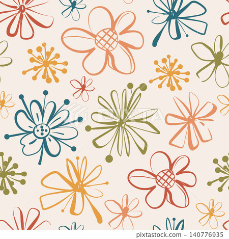 Seamless vector pattern featuring mid-century modern retro hand-drawn flowers. 140776935