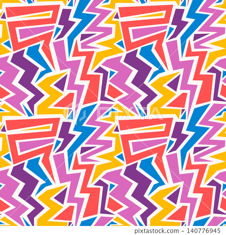 Seamless vector pattern featuring 1990s retro style abstract geometric shapes and neon thunderbolts. Seamless vector pattern featuring 1990s retro style abstract geometric shapes and neon thunderbolts. 140776945