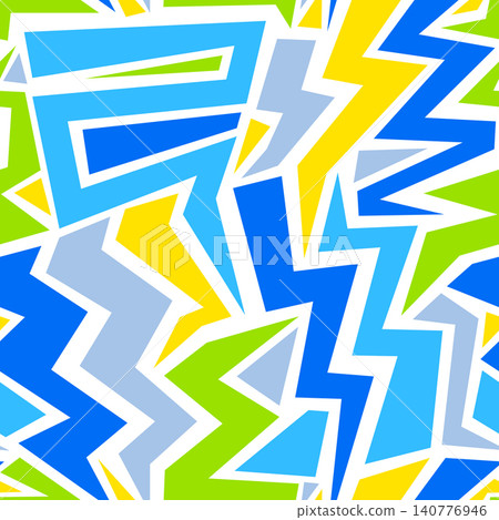 Seamless vector pattern with 1990s retro style abstract geometric shapes and neon blue lightning bolts. Seamless vector pattern with 1990s retro style abstract geometric shapes and neon blue lightning bolts. 140776946