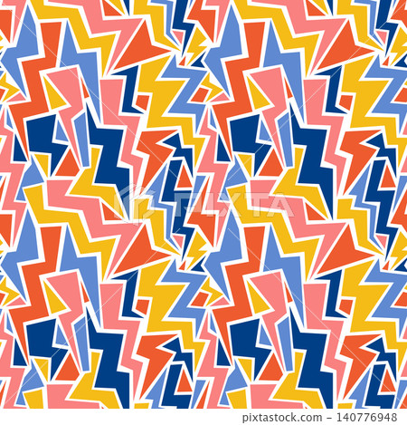 Seamless vector pattern featuring 1990s retro style abstract geometric shapes and multi-colored lightning bolts. Seamless vector pattern featuring 1990s retro style abstract geometric shapes and multi-colored lightning bolts. 140776948
