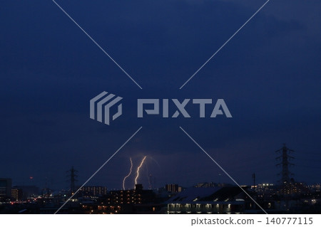 Summer torrential downpours: Scenes of transmission towers and lightning strikes in urban areas. 140777115