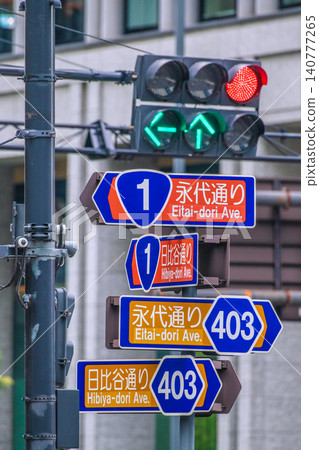 東京都市景觀的新面貌。大手町十字路口的標誌和交通號誌…與實體經濟脫節的股票價格…日本將走向何方？ 140777265