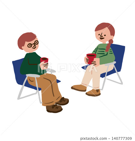 An illustration of a couple relaxing while sitting at a campsite. An illustration of a couple relaxing while sitting at a campsite. 140777309