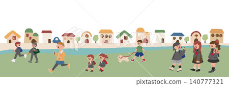 Illustration of people walking along the riverbank 140777321