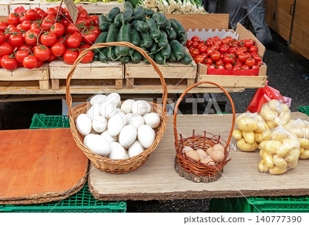 Goose eggs in baskey on market Goose eggs in baskey on market 140777390