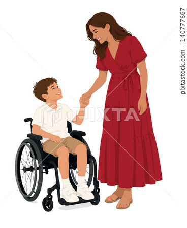 Vsai mother holding son's hand in wheelchair loving support 140777867