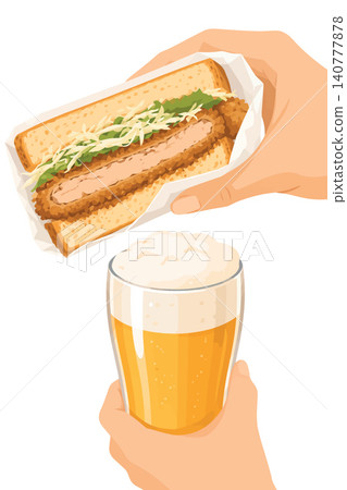 Vsai hands holding katsu sando sandwich and glass of beer 140777878