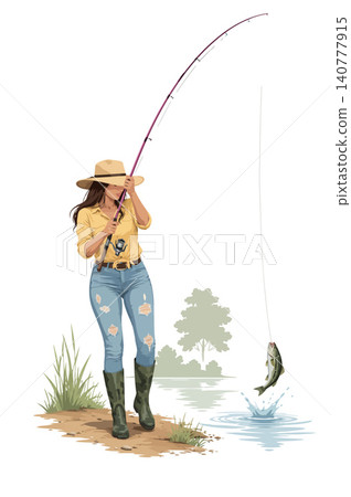 Vsai woman catching fish using a fishing rod Vsai woman catching fish using a fishing rod 140777915