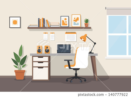Cozy Warm Earth Tone Home Office Vector with Wooden Desk and Cabinet Cozy Warm Earth Tone Home Office Vector with Wooden Desk and Cabinet 140777922