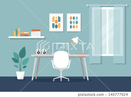 Home Office Vector Design with Window and Curtains Home Office Vector Design with Window and Curtains 140777924