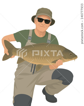 Senior man angler holding large carp fish 140777933