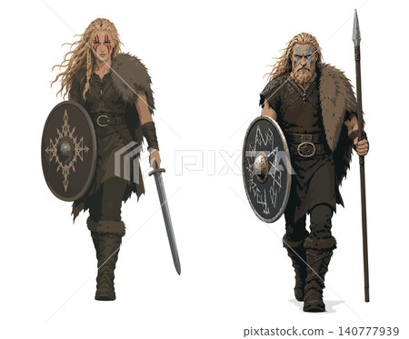 Vsai viking warriors standing ready with shield and weapons Vsai viking warriors standing ready with shield and weapons 140777939