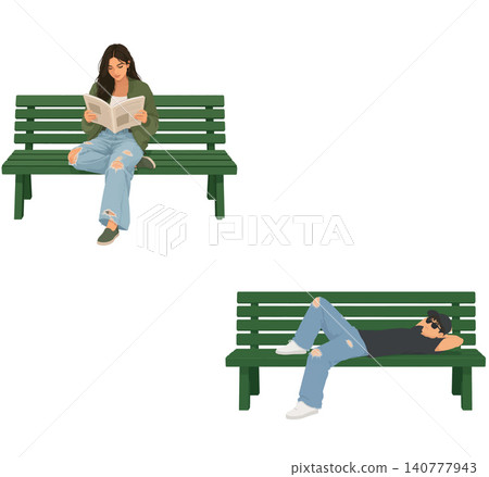 Vsai woman reading and man resting on park benches Vsai woman reading and man resting on park benches 140777943