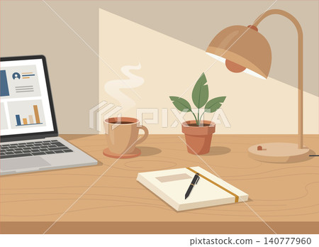 Close-up Perspective Flat Vector of a Cozy Warm Earth Tone Desk with Steaming Coffee 140777960