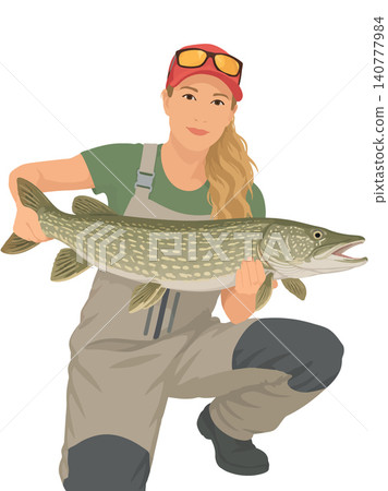 Woman angler holding a northern pike catch Woman angler holding a northern pike catch 140777984