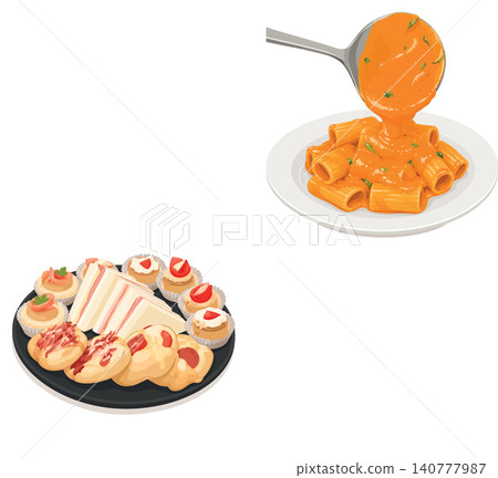 Italian pasta and delicious appetizers platter serving 140777987