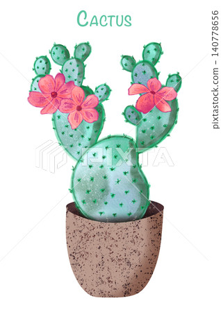 Watercolor with flowers and cacti. Houseplant in a pot. Cactus Watercolor with flowers and cacti. Houseplant in a pot. Cactus 140778656