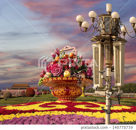 Street lamp and huge flower basket (against the sunset) in Tiananmen square, Beijing, China 140778739