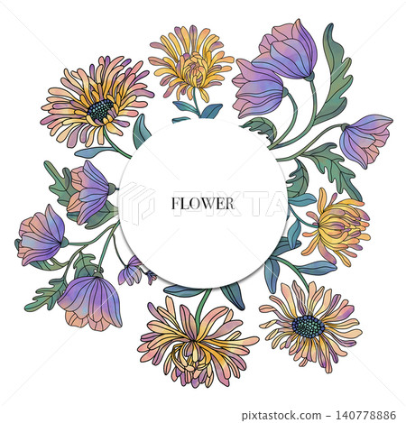 Vibrant Floral Wreath: Hand-Drawn Chrysanthemum and Bellflower Botanical Illustration. Yellow chrysanthemums frame. Invitation. Vibrant Floral Wreath: Hand-Drawn Chrysanthemum and Bellflower Botanical Illustration. Yellow chrysanthemums frame. Invitation. 140778886