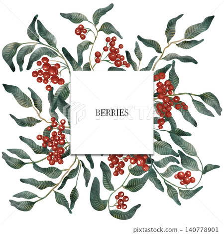 Watercolor red berries. Hand-Drawn Berries and Leaves Frame: Detailed Botanical Illustration. 140778901