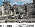 Ancient maya ruins and stone columns in tulum archaeological zone 140778996